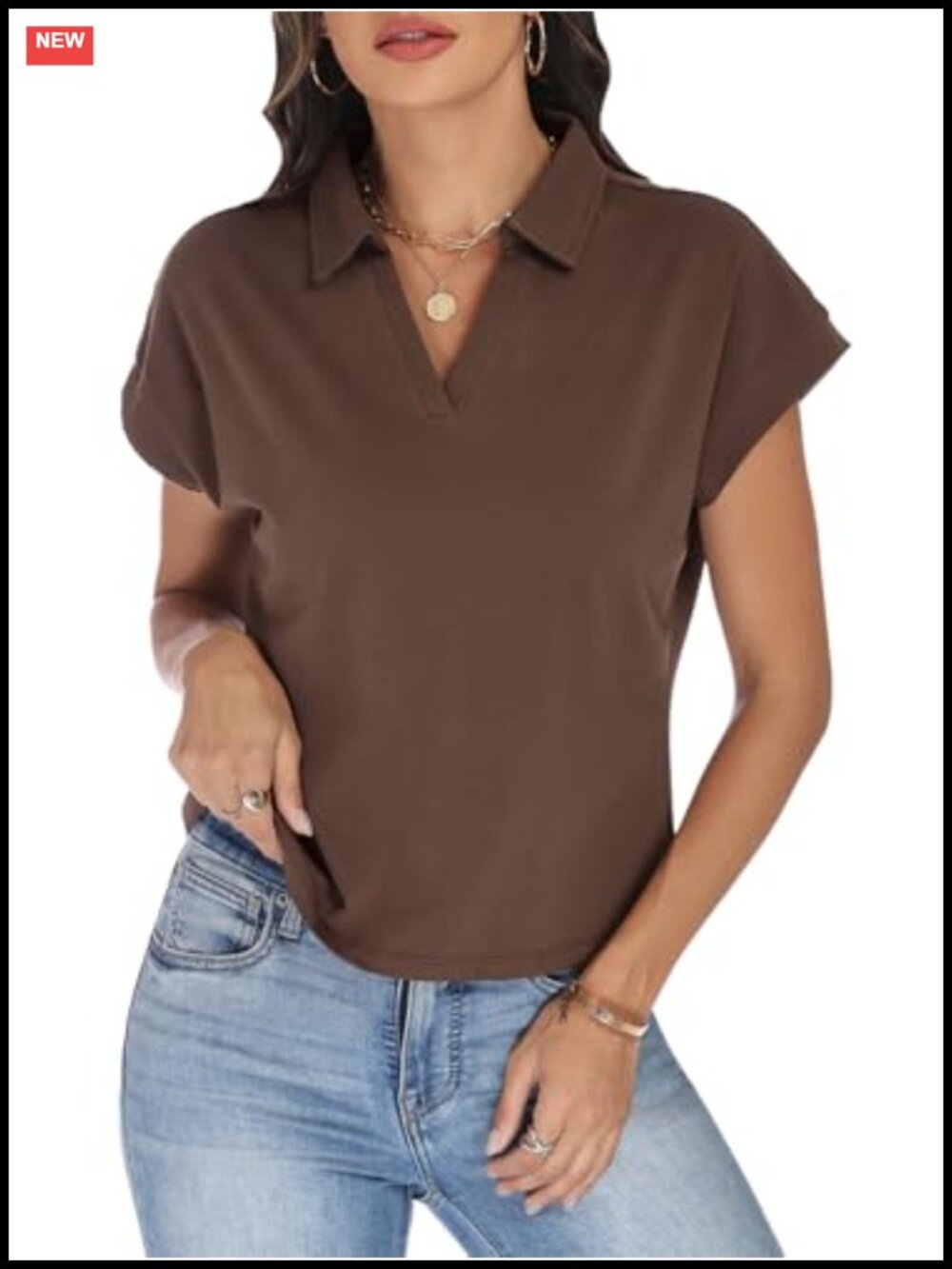 Women's Cotton Crop Top Collared V Neck Cap Sleeve Polo Shirt Boxy Fit